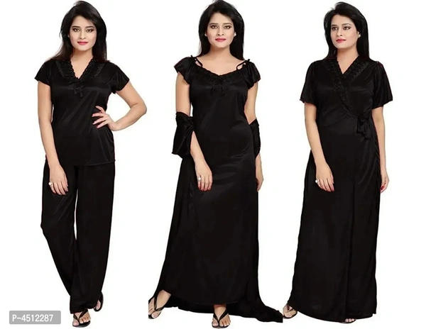 Black Trendy Women's Satin 4Pcs Night Wear Set