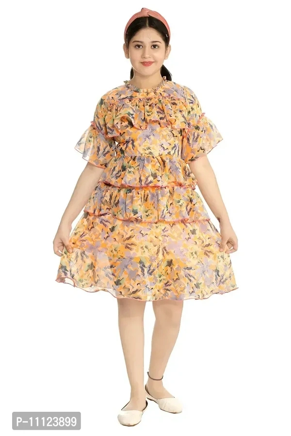Elegant Georgette Orange Printed Dress For Girls