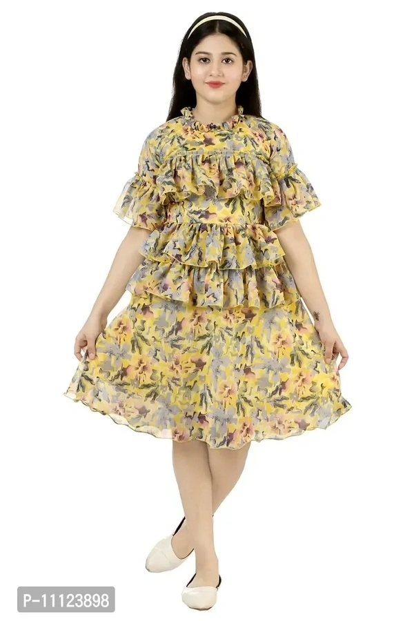 Elegant Georgette Yellow Printed Dress For Girls