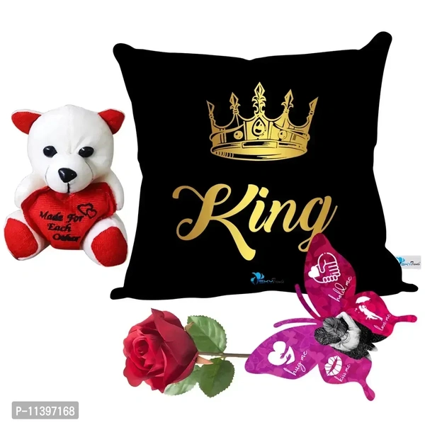 Valentine Gift Combo Printed Cushion with Filler, Cute Little Teddy with Butterfly Shaped Greeting Card and Artificial Rose