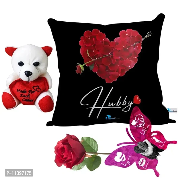 Valentine Gift Combo Printed Cushion with Filler, Cute Little Teddy with Butterfly Shaped Greeting Card and Artificial Rose
