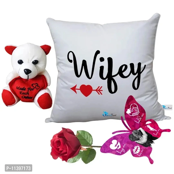 Valentine Gift Combo Printed Cushion with Filler, Cute Little Teddy with Butterfly Shaped Greeting Card and Artificial Rose