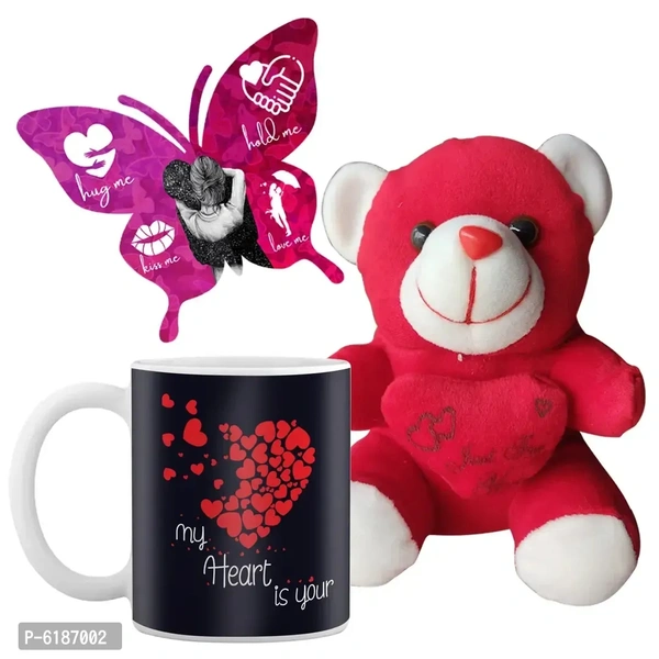 Valentine Gift Combo Printed Cushion with Filler, Cute Little Teddy with Butterfly Shaped Greeting Card and Artificial Rose-049