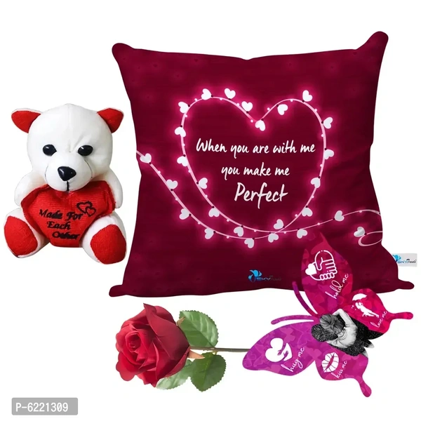Valentine Gift Combo Printed Cushion with Filler, Cute Little Teddy with Butterfly Shaped Greeting Card and Artificial Rose-044