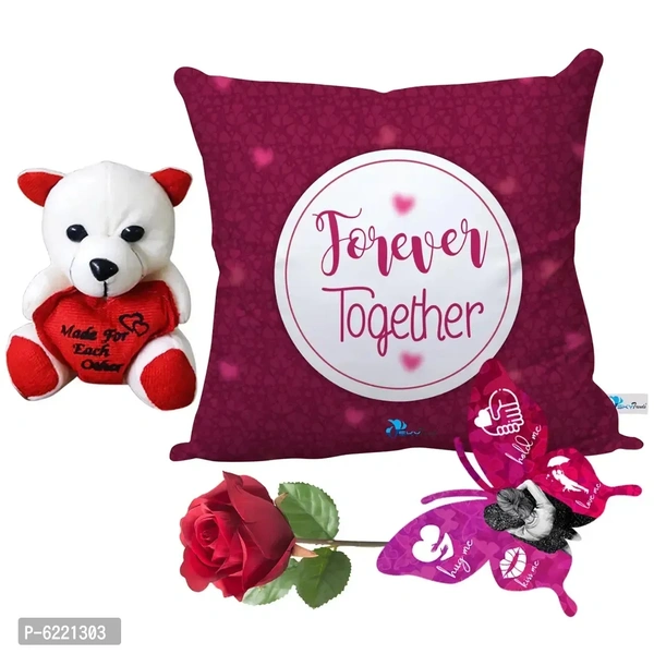 Valentine Gift Combo Printed Cushion with Filler, Cute Little Teddy with Butterfly Shaped Greeting Card and Artificial Rose-038
