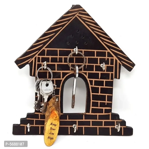 Wooden Hut Shape Wall Decor Key Holder ( Black, 7 X 8 Inch )