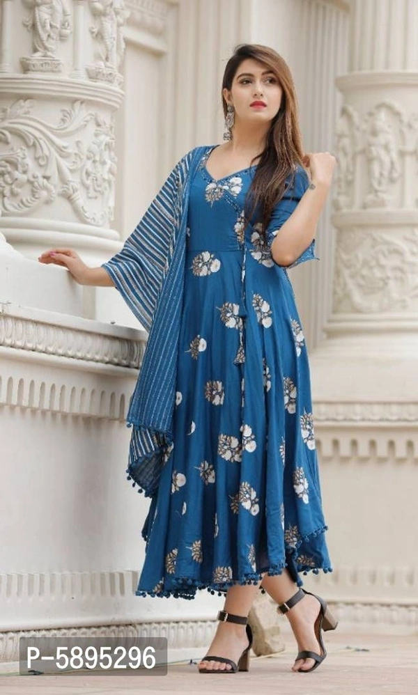 Trendy Rayon Anarkali Printed Long Gown With Dupatta