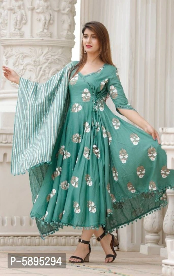 Trendy Rayon Anarkali Printed Long Gown With Dupatta