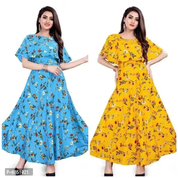 Tendy Women Fancy Printed Skyblue and Yellow Gown