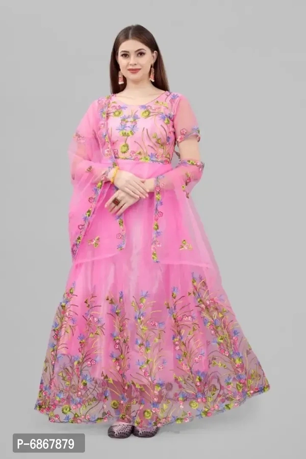 Womens Net Embroidered Semi-Stitched Gown