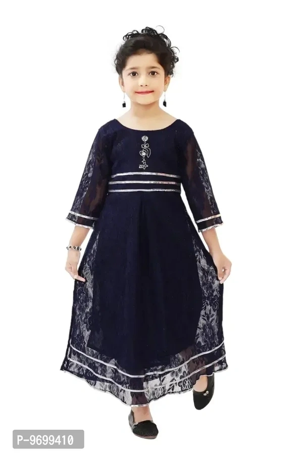 Elegant Navy Blue Net Embroidered Fit And Flare Dress For Baby Girls
