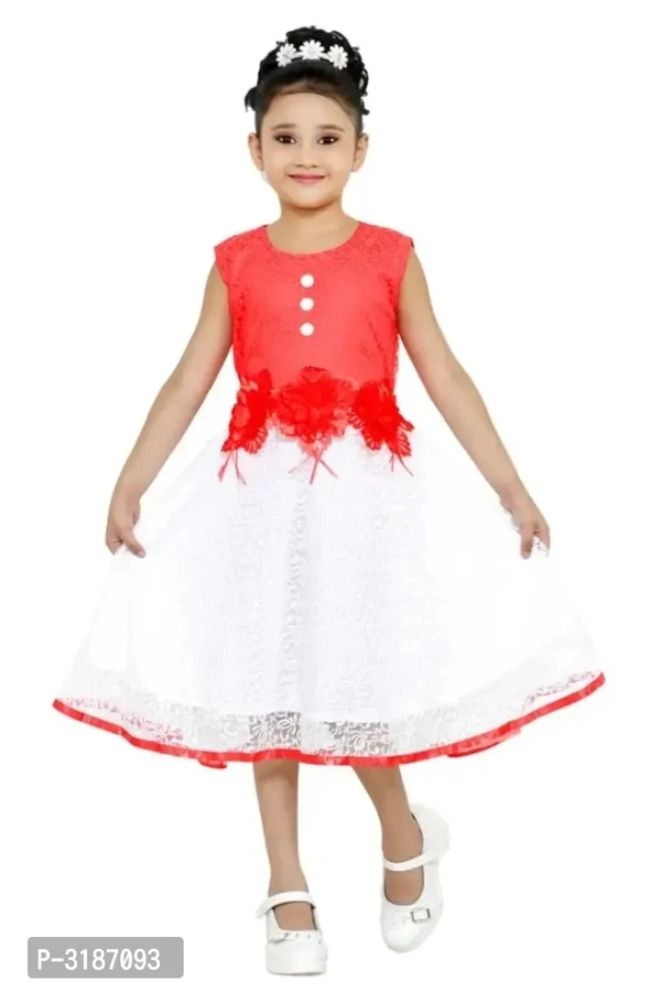 RNR FASHION Girls Red and White Net Made Midi/Knee Length Sleeveless Frock(RNR028)