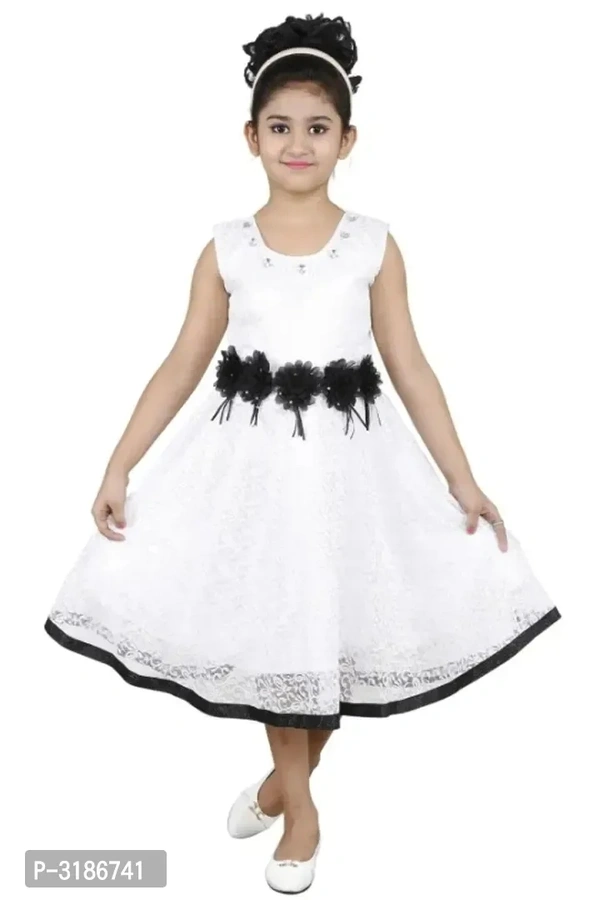 RNR FASHION Girls White Net Made Sleeveless Midi/Knee Length Frock(RNR019)