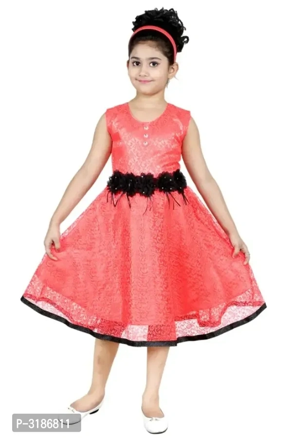 RNR FASHION Girls Red Net Made Sleeveless Midi/Knee Length Frock(RNR020)