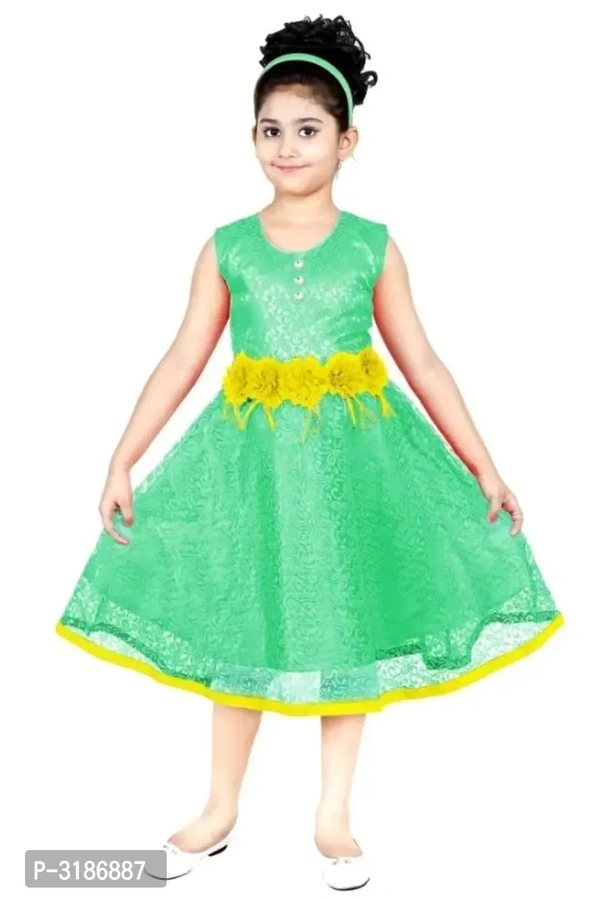 RNR FASHION Girls Green Net Made Sleeveless Midi/Knee Length Frock(RNR032)
