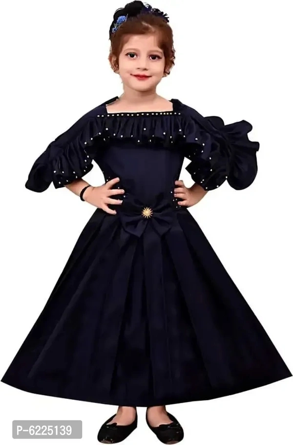 Stylish Silk Blend Navy Blue Gown Style Long Dress For Girls