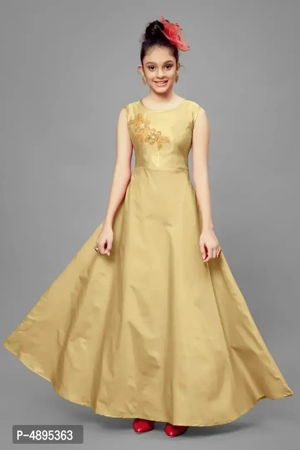 Stylish Satin Beige Embroidered Long Dress For Girls