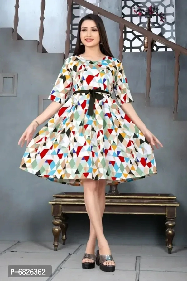 Latest Printed Multicolored Designer Frock With Belt For Women Dress