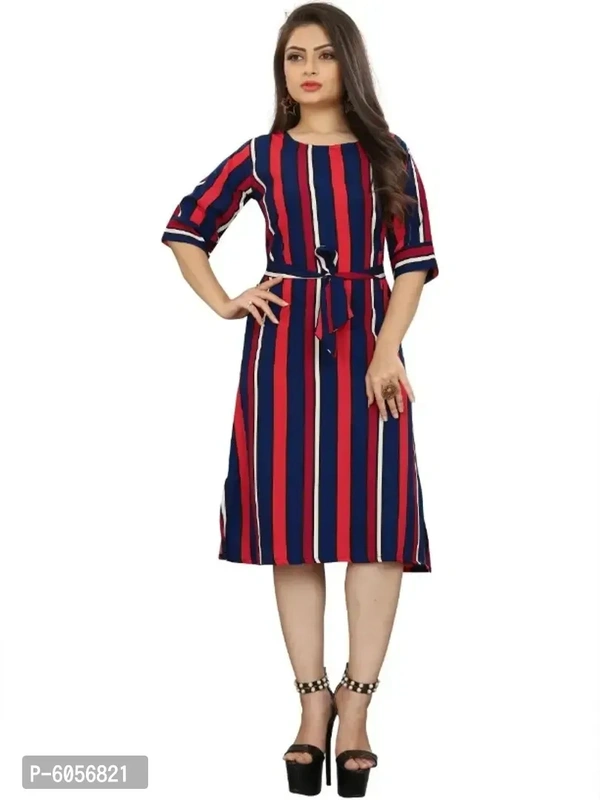 Stylish American Crepe Striped Round Neck Half Sleeves Dress For Women
