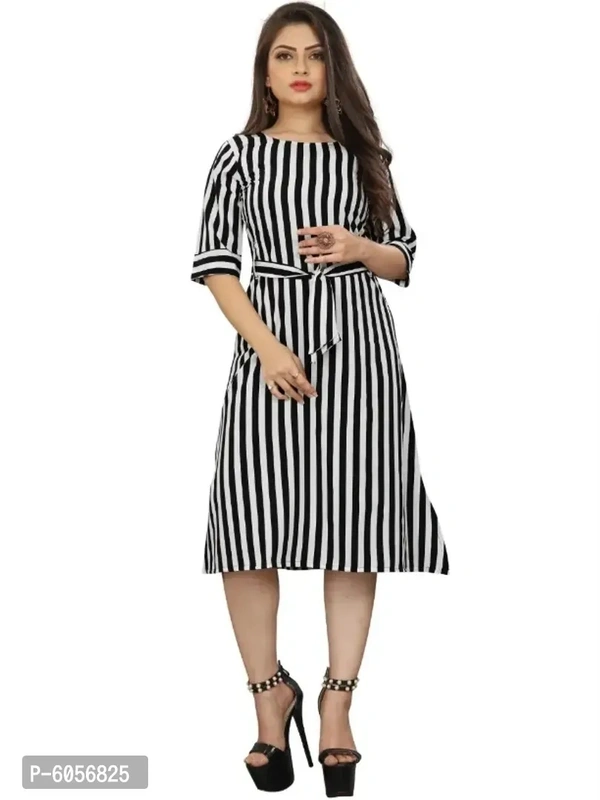 Stylish American Crepe Striped Round Neck Half Sleeves Dress For Women 