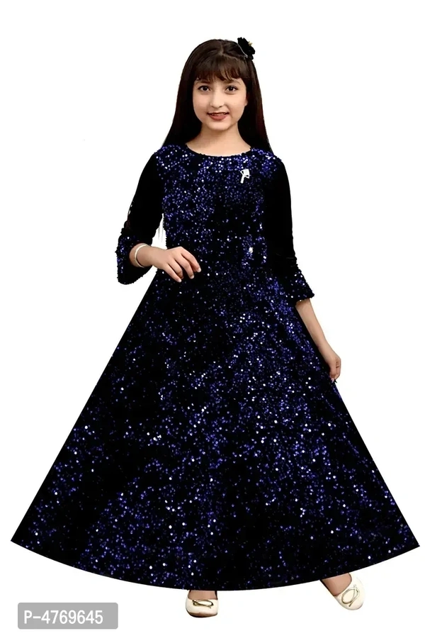 Stylish Blue Silk Self Pattern A-Line Dress For Girls