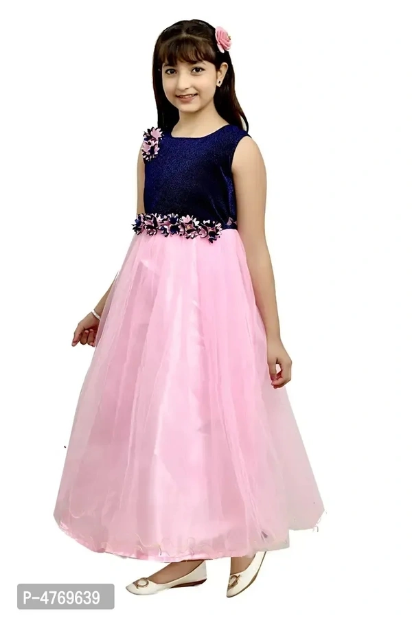 Elegant Pink Silk Self Pattern A-Line Dress For Girls