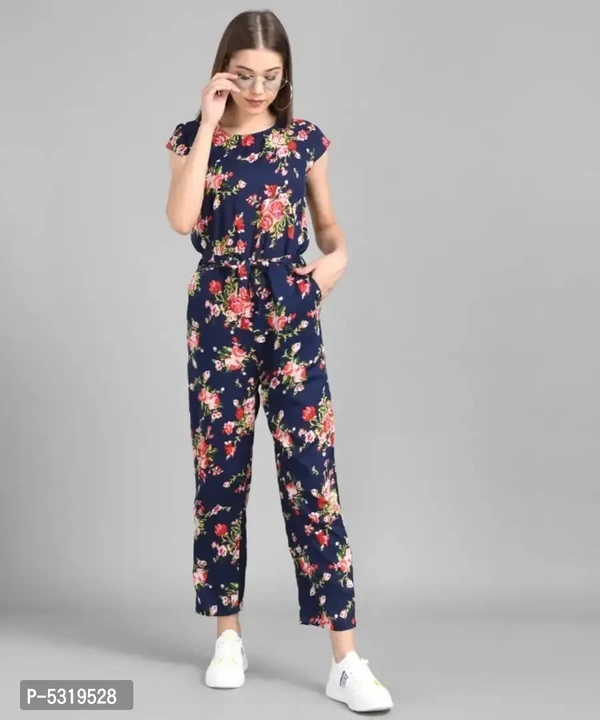 Women Navy Blue Flower Printed Front Knot Jumpsuit