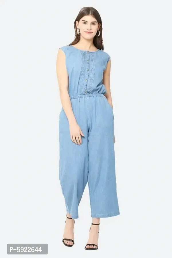 Stylish Womens Blue Solid Denim Sleeveless Casual Jumpsuit