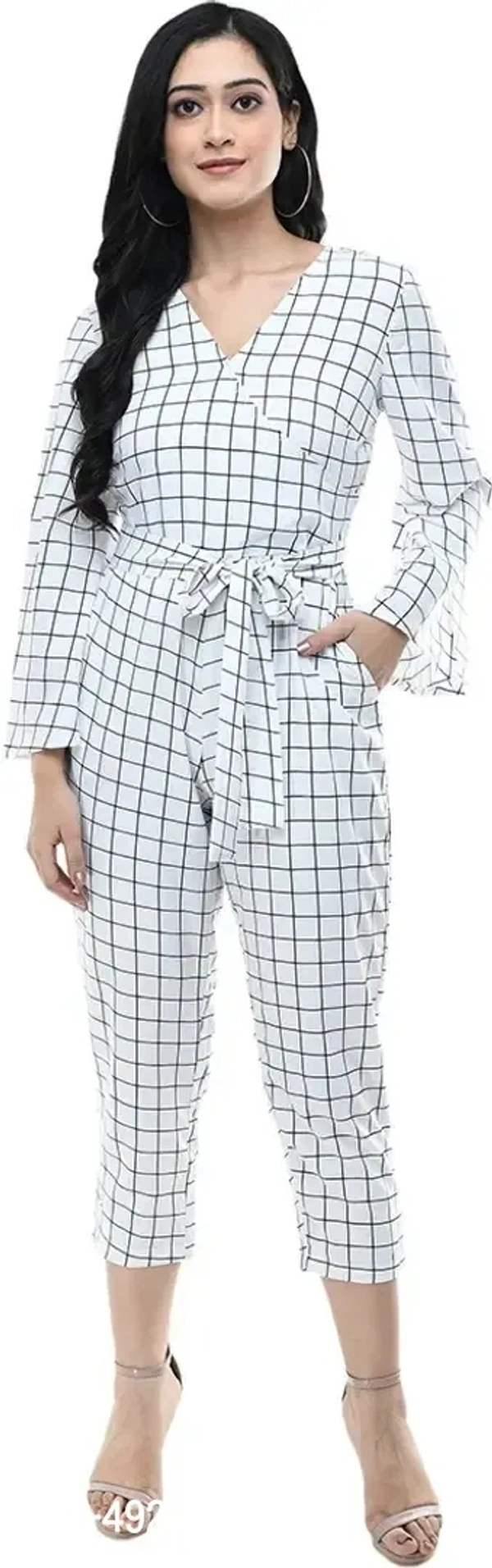 Women's White Crepe Checked Jumpsuit