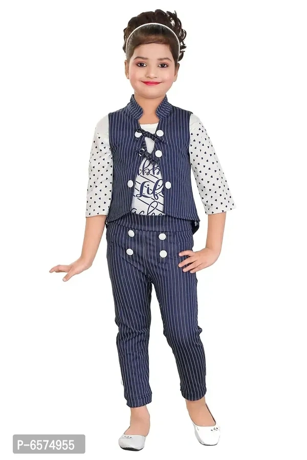 Elegant Blue Polyester Spandex Self Pattern Top with Pant And Jacket Set For Girls