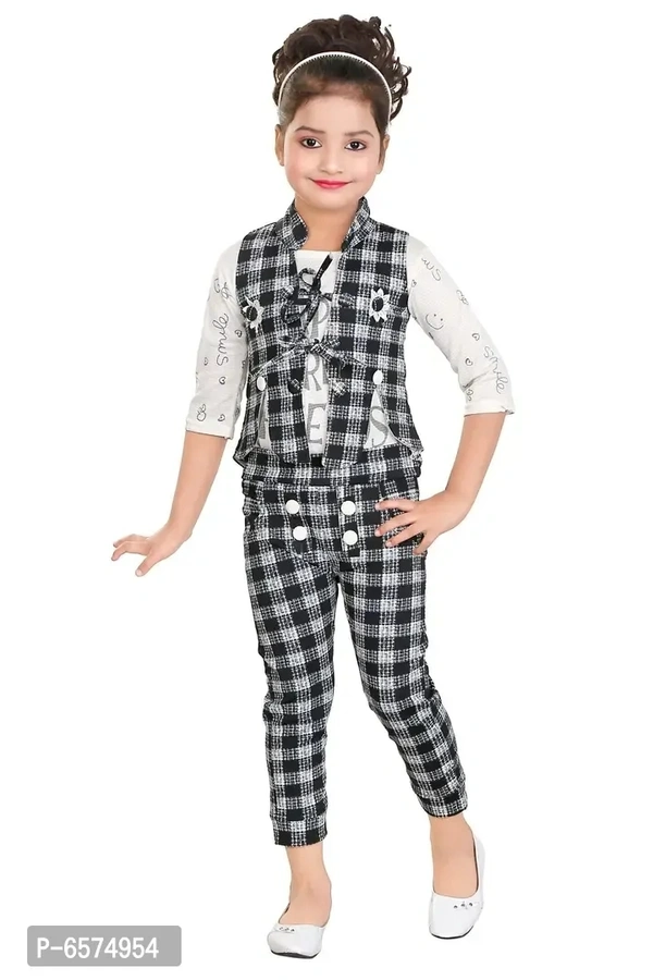 Elegant Black Polyester Spandex Self Pattern Top with Pant And Jacket Set For Girls