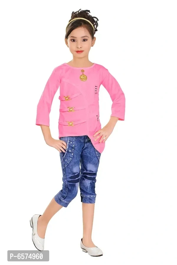 Elegant Pink Denim Self Pattern Top with Jeans Set For Girls