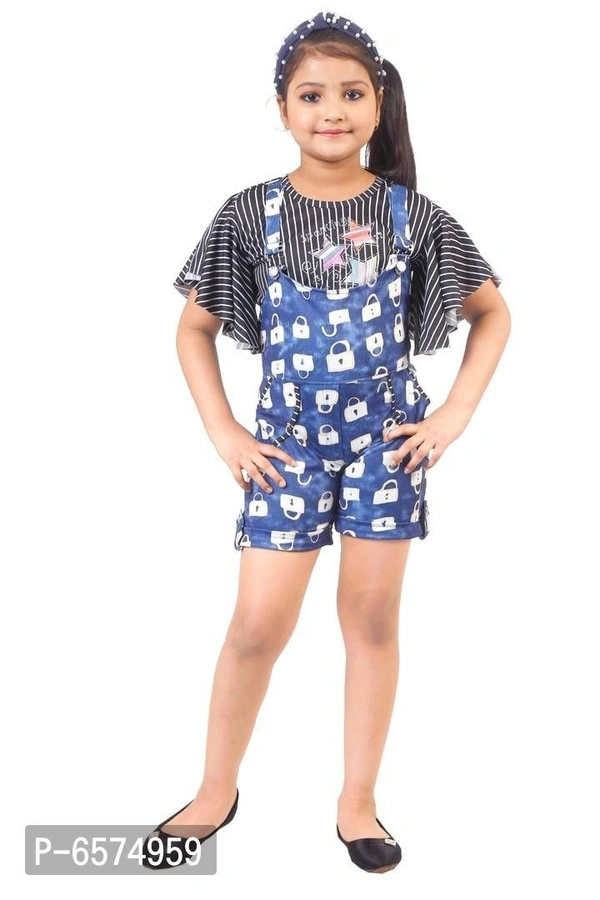 Elegant Blue Polyester Spandex Self Pattern Top with Dungaree Set For Girls
