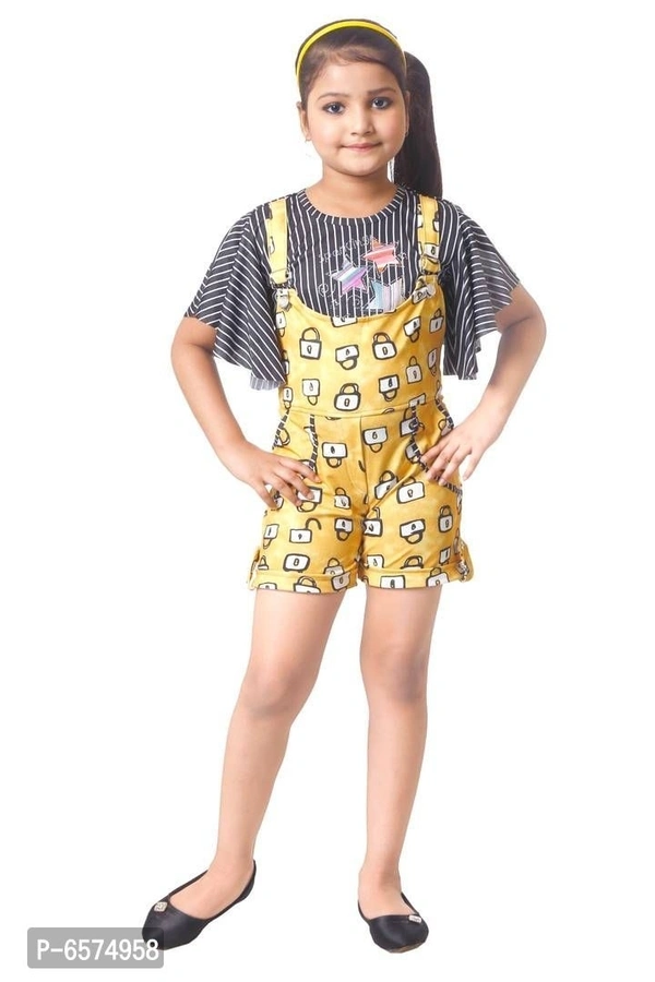 Elegant Yellow Polyester Spandex Self Pattern Top with Dungaree Set For Girls
