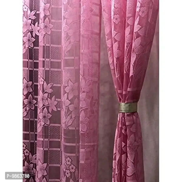 Soulful Creations Crystal Sheer Polyester Net Check and Floral Transparent Curtain (Pink, 4ft x 7ft)