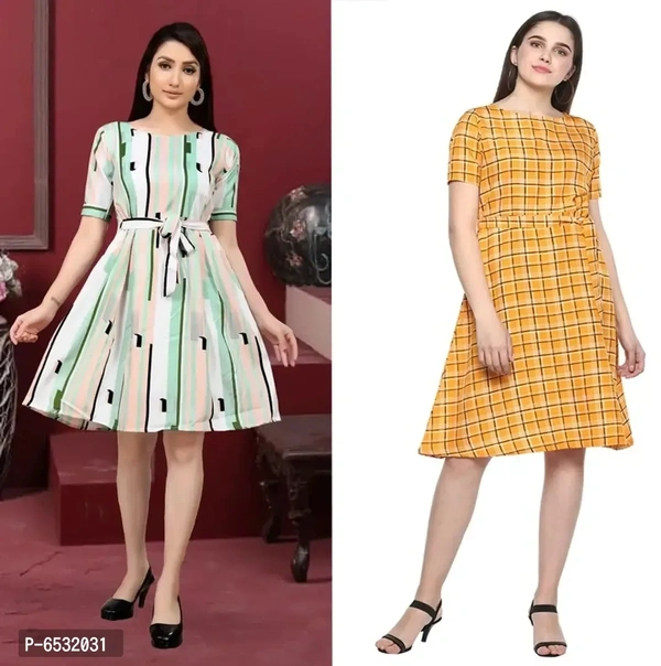 Womens Crepe Printed Fit and Flared Short Dress (Combo)