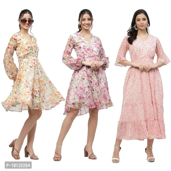 Attractive Midi Length Georgette Printed Fit And Flare Dress Combo For Women Pack Of 3