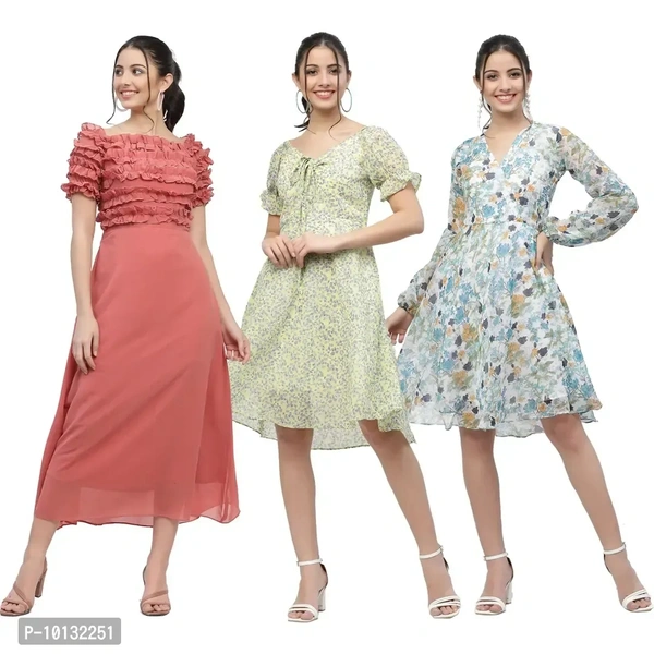 Attractive Midi Length Georgette Printed Fit And Flare Dress Combo For Women Pack Of 3