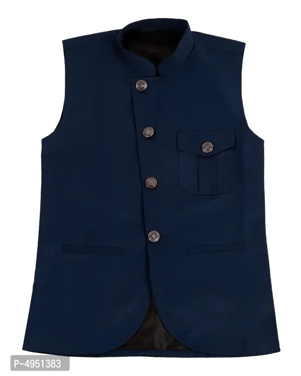 Boy's Navy Blue Cotton Blend Self Pattern Ethnic Jacket