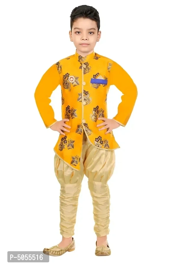 Stylish Art Silk Yellow Floral Embroidered Kurta With Churidar Payjama Set For Boys
