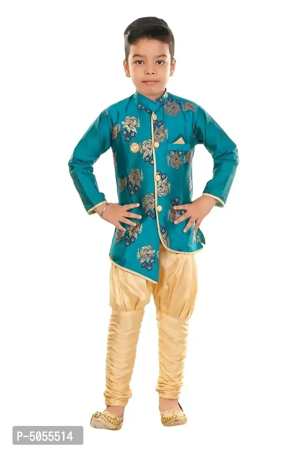 Stylish Art Silk Green Floral Embroidered Kurta With Churidar Payjama Set For Boys