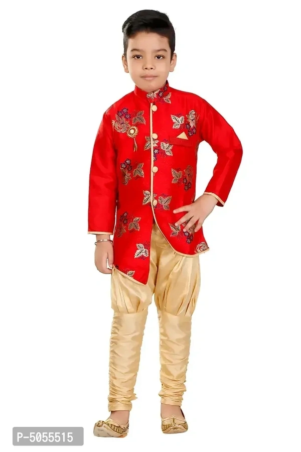 Stylish Art Silk Red Floral Embroidered Kurta With Churidar Payjama Set For Boys