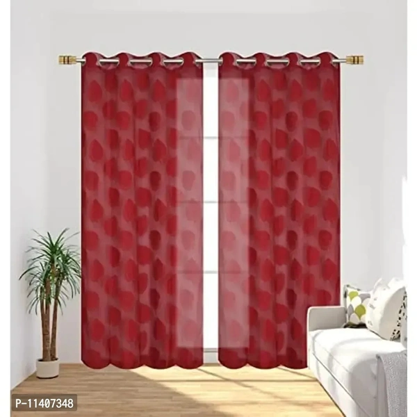 MallowWorld Leaf Design Net Curtain 8ft, Maroon Color (Set of 2)