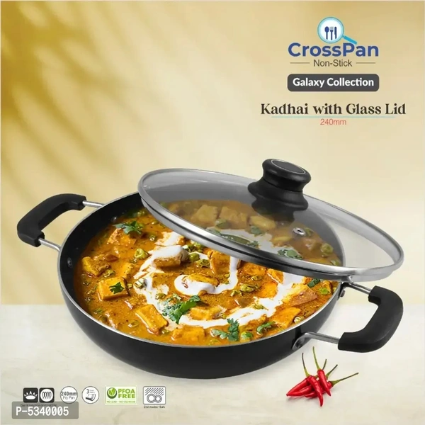 CrossPan -Galaxy Non-Stick Kadai with 3 Way Non-Stick Coating, 24cm (Induction and Gas Stove Compatible), Aluminium, Black Granite Finish.