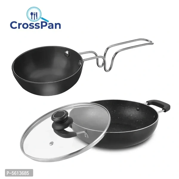 Non-Stick Cookware Set Kadai with glass Lid -24cm (2.5ltr)+ Hard Anodized Tadka Pan (11cm)(Induction and Gas Stove Compatible), Aluminium, Black Granite Finish.