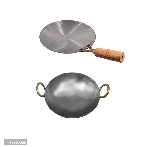 KITCHEN SHOPEE Induction Friendly Iron Tawa for Roti/Chapathi/Chapati 9 inch and 9 Inch Iron Kadai for Cooking Induction Friendly