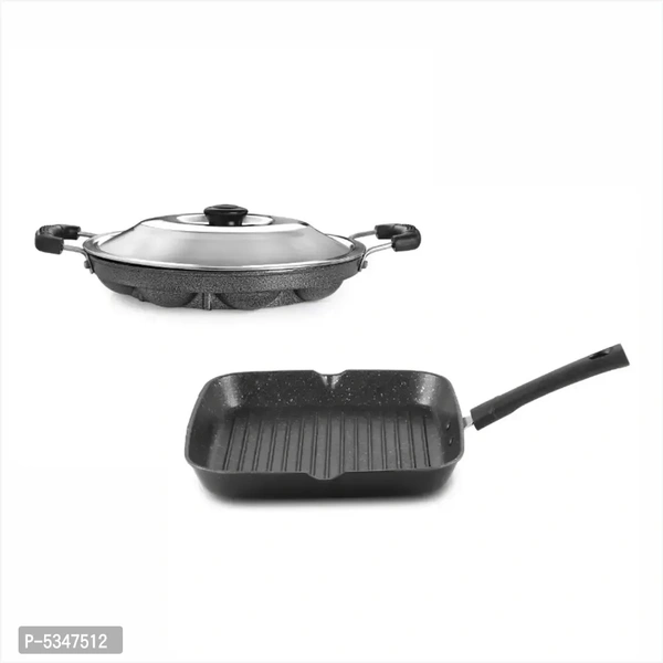 CrossPan Galaxy Non-Stick Aluminium Grill Pan 24 cm + Appam/Paniyarakkal (12 cavity)(Induction and Gas Stove Compatible), Aluminium, Black Granite Finish.