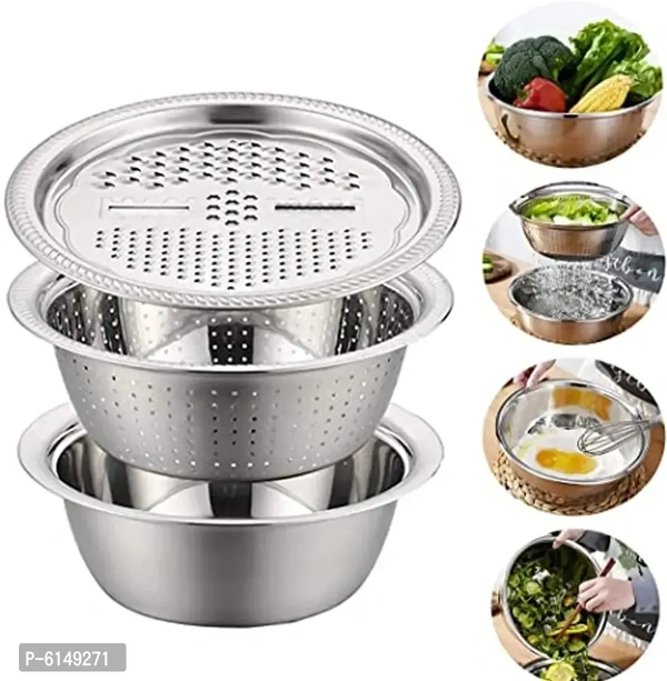 3-in-1 Multipurpose Kitchen Tool Set | Stainless Steel Bowl, Drain Basket & Julienne Grater 