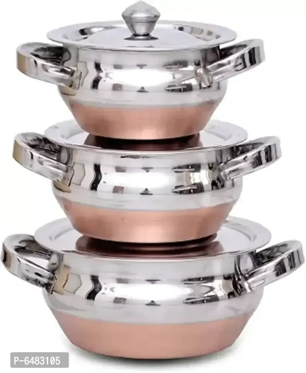 Useful Stainless Steel Handi Set with Lids- 6 Pieces, 3 Handi, 3 Lids
