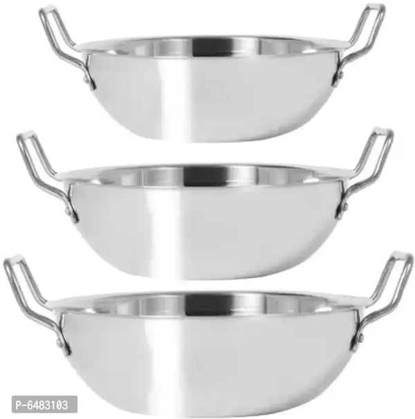 Useful Stainless Steel Deep Frying 22 Gauge Heavy Bottom Induction Kadai Cookware Utensils Set with Handle- 3 Pieces